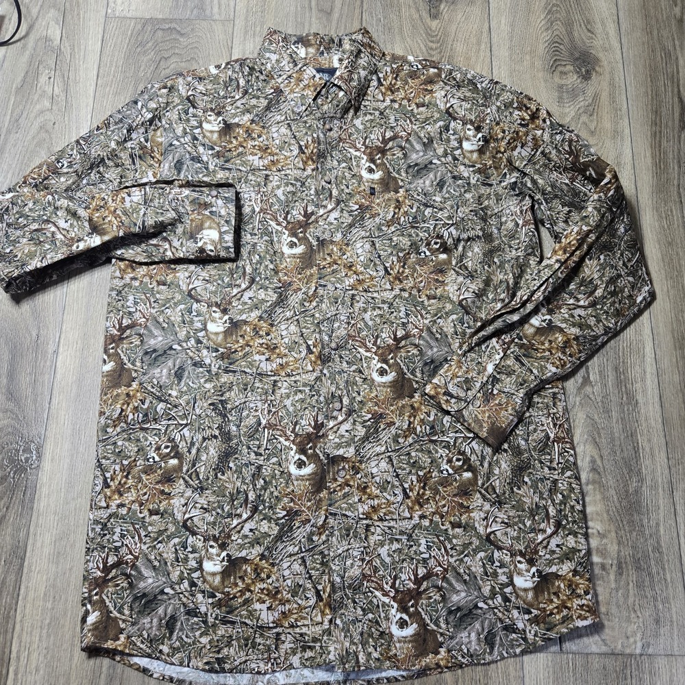 VTG North River Mens LT Camo Button Long Sleeve Hunting‎ Deer AOP Buck Print